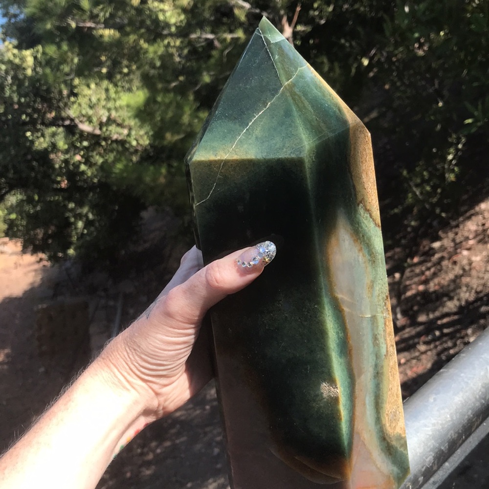 Natural Green and Brown Stone Obelisk